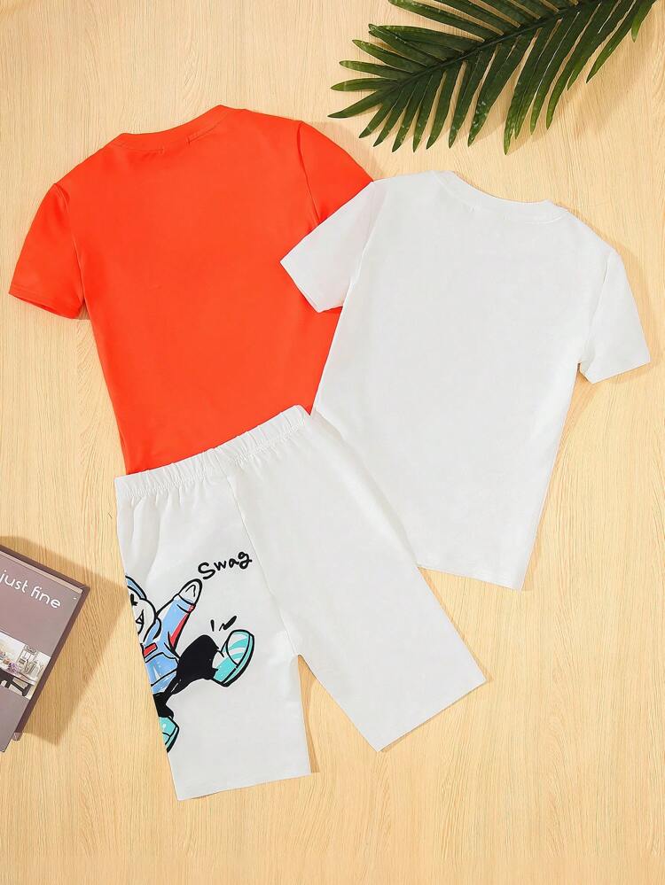 Tween Boy Snug Fit Cool Cartoon Rabbit Print Sweatshirt (2 Colors) And Knitted Shorts For Home & Casual Wear (2pcs/Set)