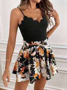 SHEIN Frenchy Women's Shell Edge Trim Spaghetti Strap Vest Top And Paperbag Waist Shorts Two Piece Set