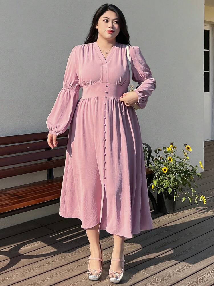 Dazy Petite Plus Plus Size Women's Lantern Sleeve V-Neck Dress,Fall Dress Long Sleeve Dress Maxi Dress