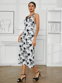 GENKIRA Flower Lake Pattern Printed Sleeveless Lace Trim Dress - Multicolor - View 3