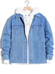 Chillumni 男士中藍色牛仔外套,配有按鈕前襟 - 藍色 - 查看 1