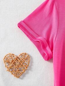 夏季短袖圓領t卹,時尚女孩子的拉鍊無領上衣 - 玫紅色 - 查看 3