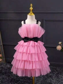 SHEIN Young Girls' Sweet & Cool Mesh Spaghetti Strap Dress For Daily Wear - Pink - View 3