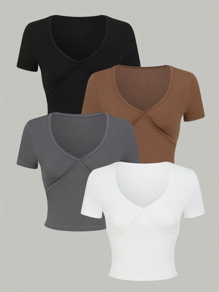 Women's V-Neck Ribbed Slim Fit T-Shirt