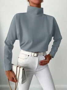 SHEIN Cottnline Solid Mock Neck Drop Shoulder Tee - Grey - View 4