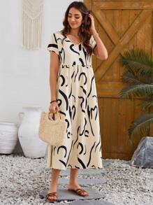 EMERY ROSE Vestido Largo Acampanado Casual De Mujer Para Primavera Con Cuello En V, Estampado Floral Y De Rayas
