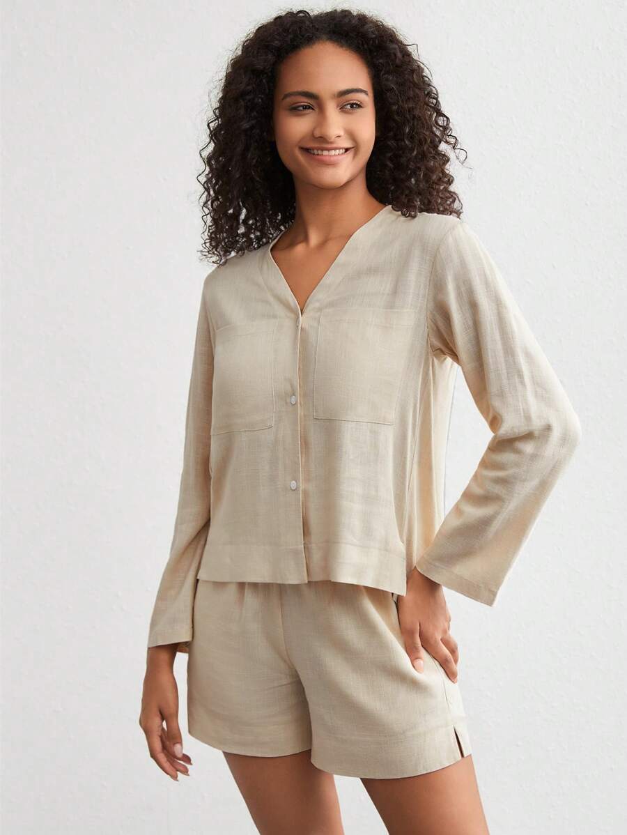 Ocili 天然亞麻女款V領單排釦長袖上衣和短褲休閒家居套裝-卡其色 - 卡其色 - 查看 1