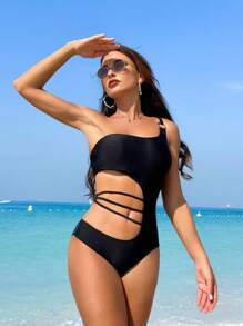 SHEIN Swim One Shoulder Cutout Monokini Swimsuits For Women Summer