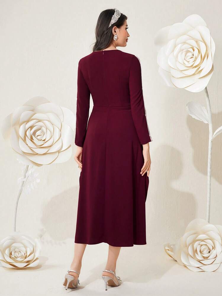 Ladies' Mesh & Rhinestone Decorated Patchwork Pleated Dress Long Evening Dresses