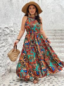 SHEIN CURVE+ 大码女式夏季全印花吊带连衣裙 - 彩色 - 查看 5