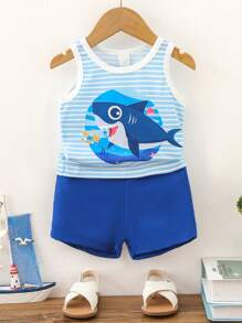Baby Boy Striped Shark Printed Top & Solid Color Shorts Set - Blue - View 1
