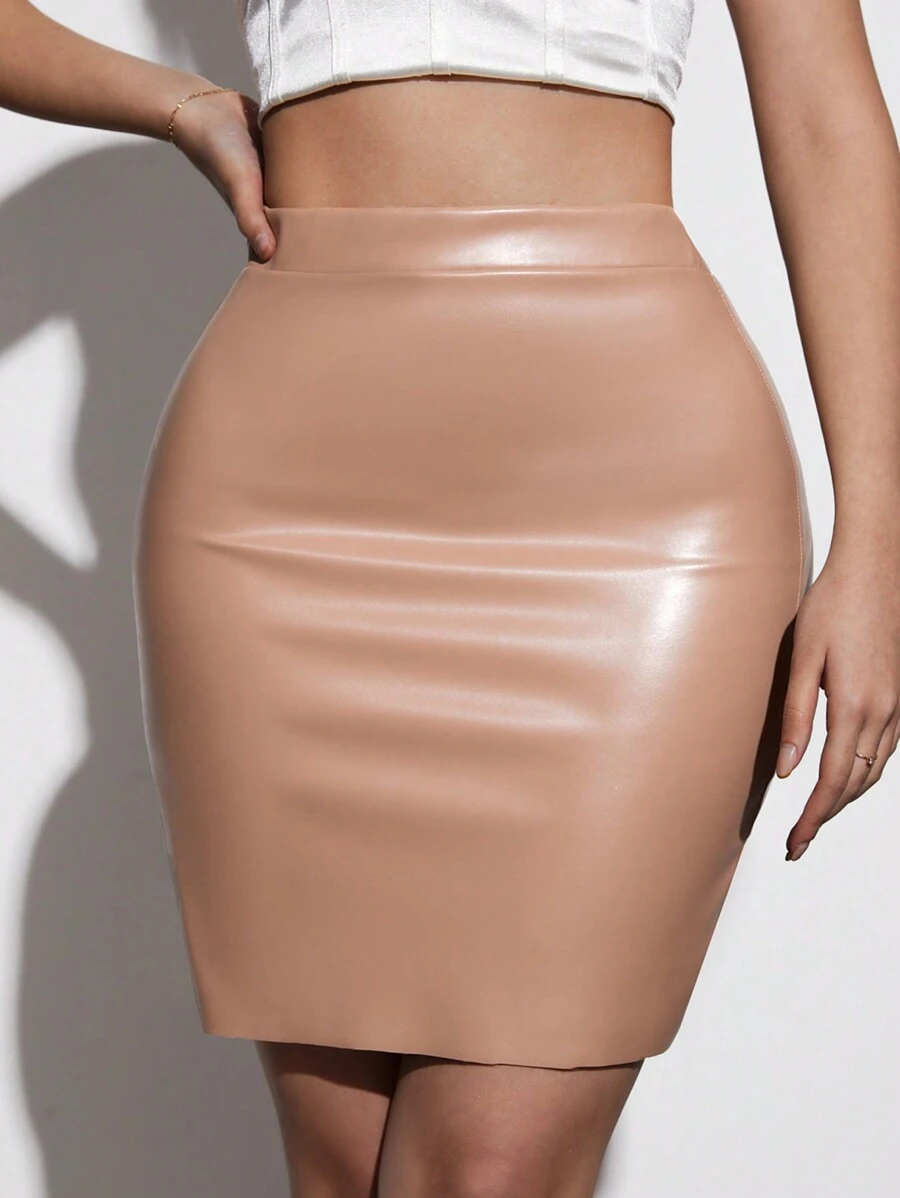 SHEIN Cottnline High Waist PU Leather Bodycon Skirt - Camel - View 1