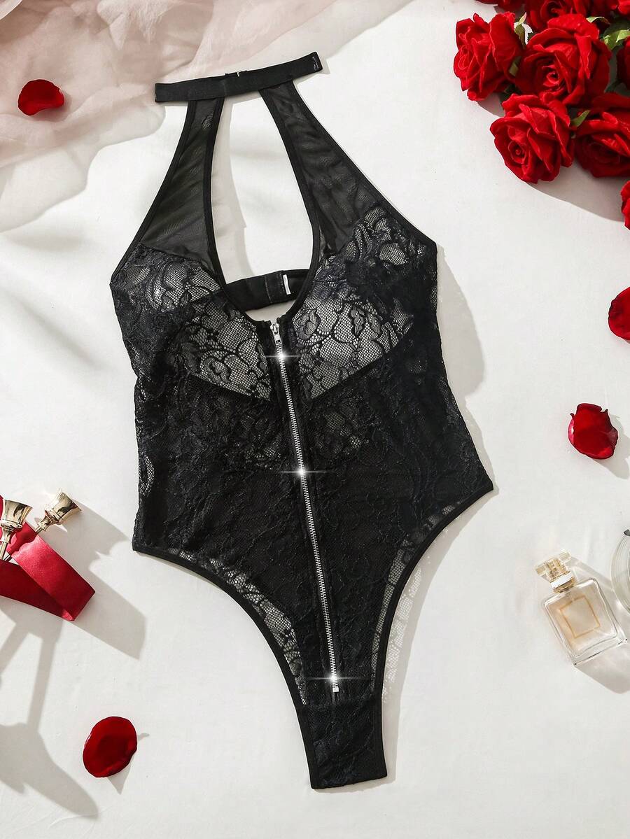 SHEIN Bộ đồ lót gợi cảm hở lưng phối ren lưới tương phản cho nữ - màu đen - Xem 1