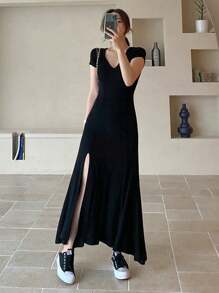 DAZY Ladies' Solid Color High Slit Dress Sundress