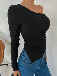 DAZY Camiseta Con Cuello Asimétrico De Un Solo Color - Negro - Ver 7