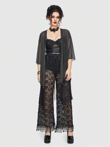 ROMWE 1pc Gothic Style Loose Perspective Fringe Designed Women's Kimono, Black - Black - View 2