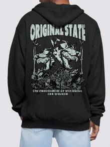 ROMWE MEN Grunge Punk 男士卡通和標語印花拉鍊連帽衛衣 - 黑色 - 查看 1