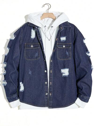 Manfinity Homme Men's Denim Shirt With Multiple Distressed Holes And Flap Pockets