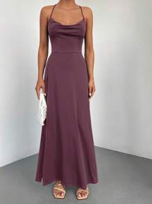 EURMUSE Draped Front Split Thigh Criss Cross Back Cami Dress - Purple - View 3