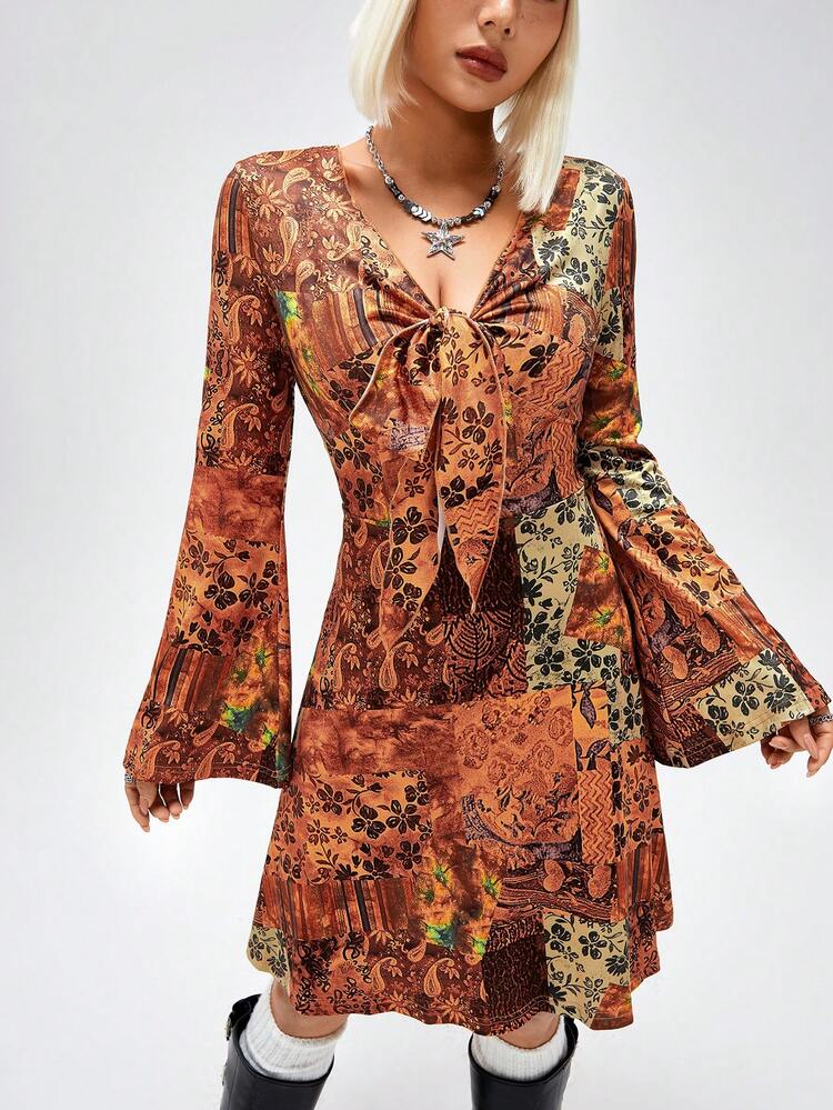 Women's Tie Front Full Sleeve Flare Printed Dress Fall Cloth For Women