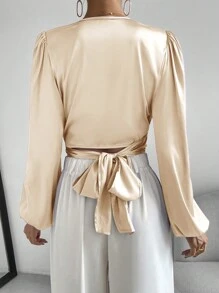 SHEIN Privé 休閒灯笼袖交叉前短款上衣 - 杏色 - 查看 2