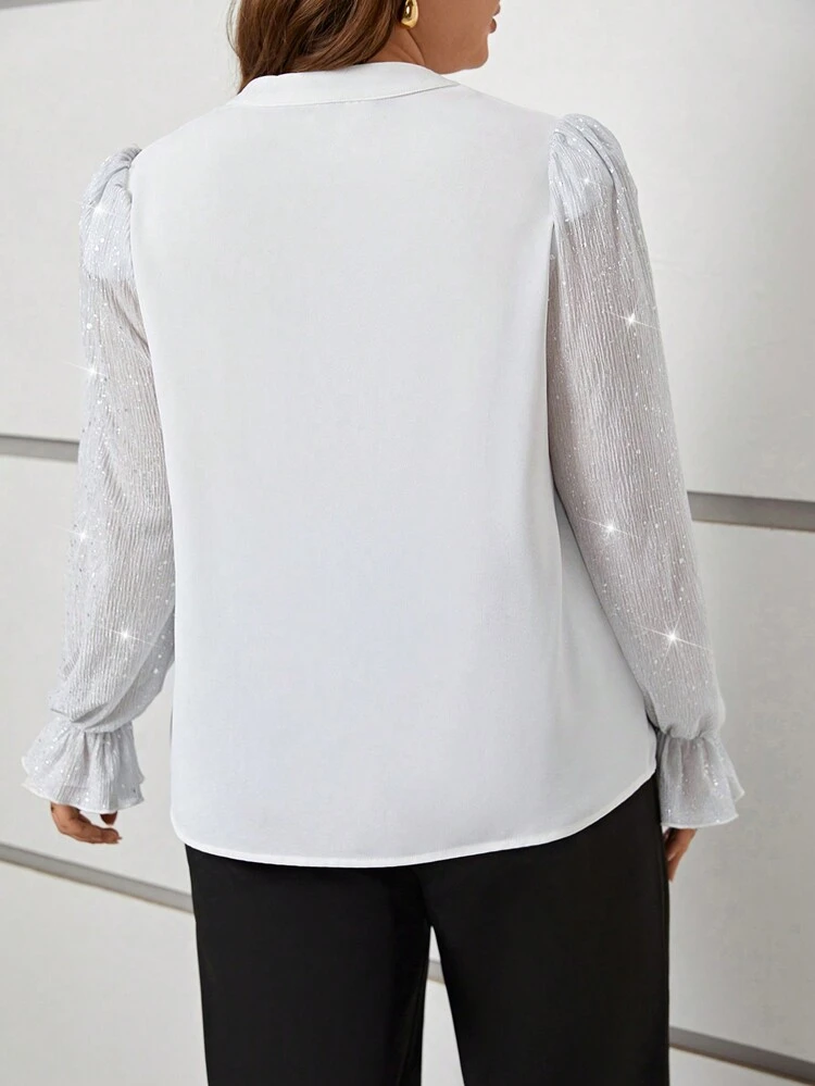 Plus Size Sequin Patchwork Shirt With Notched Collar