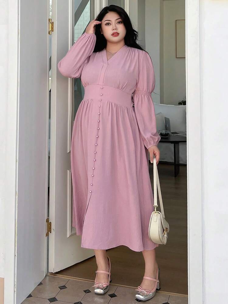 Dazy Petite Plus Plus Size Women's Lantern Sleeve V-Neck Dress,Fall Dress Long Sleeve Dress Maxi Dress