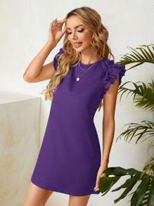 SHEIN Clasi Round Neck Ruffle Trim Woven Dress - Purple - View 6