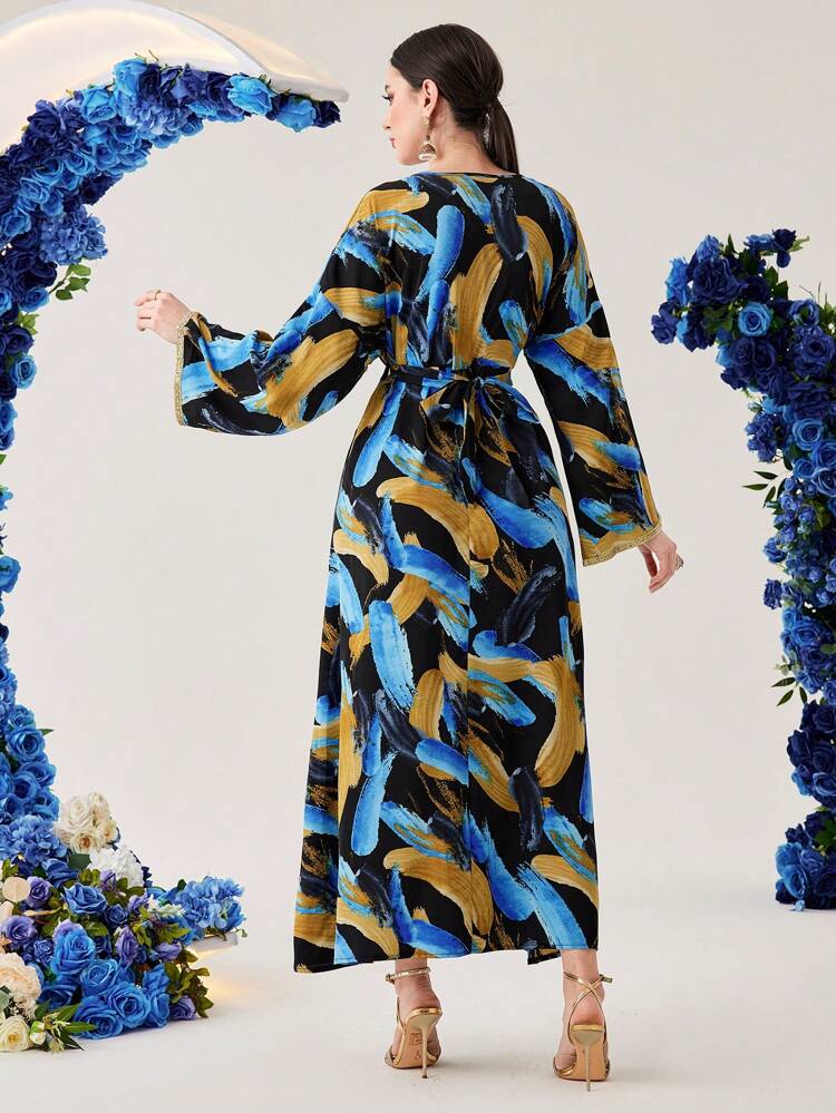 Printed Flare Sleeve Dress With Woven Belt