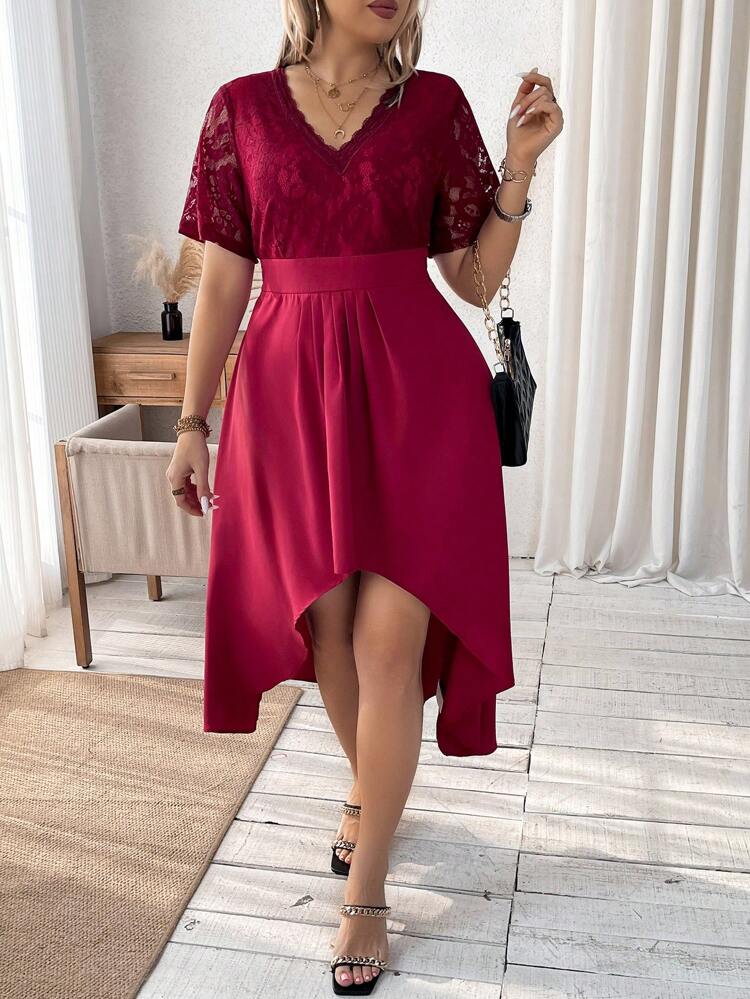 Plus Size Women's Lace Splicing High Low Hem Swing Dress
