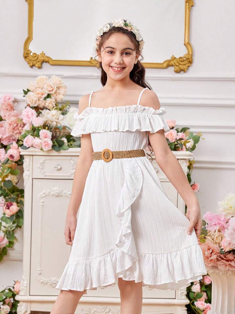 Tween Girls' Solid Color Ruffle Trim Dress With Detachable Braided Belt And Spaghetti Straps