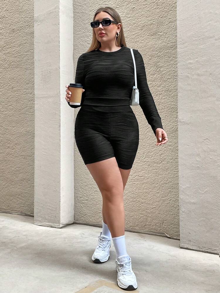 Plus Size Round Neck Long Sleeve Top And Shorts Set