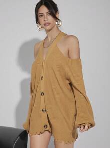 Denimoi Women's Off-Shoulder Distressed Hem Button Up Shirt - Khaki - View 7