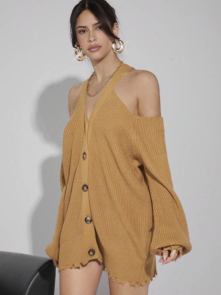 Women's Off-Shoulder Distressed Hem Button Up Shirt