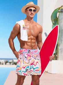 Surfspeed Men's Marble Print Drawstring Waist Beach Shorts - Pink - View 4