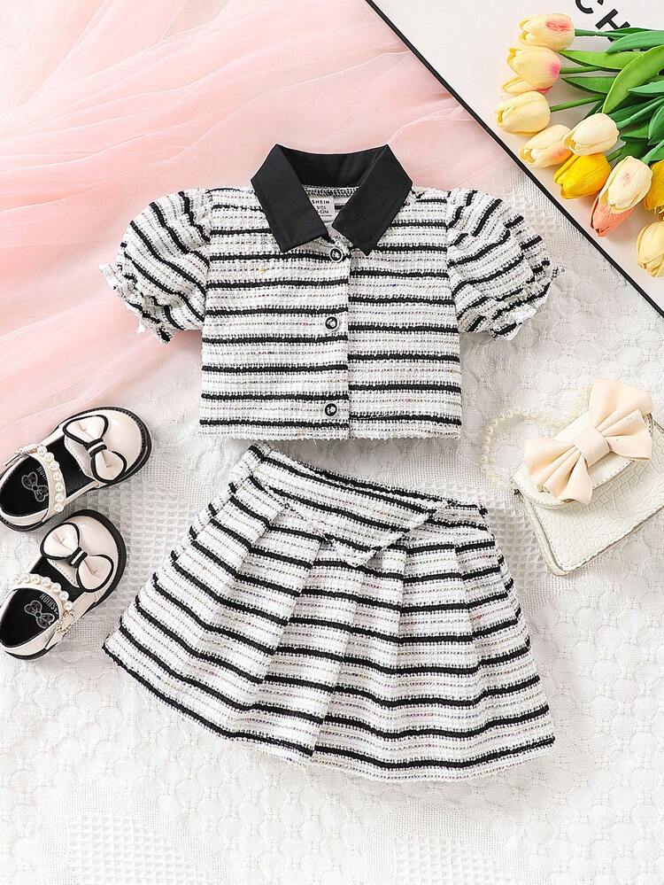 2pcs Baby Girl Elegant Textured Stripe Summer Outfit Set