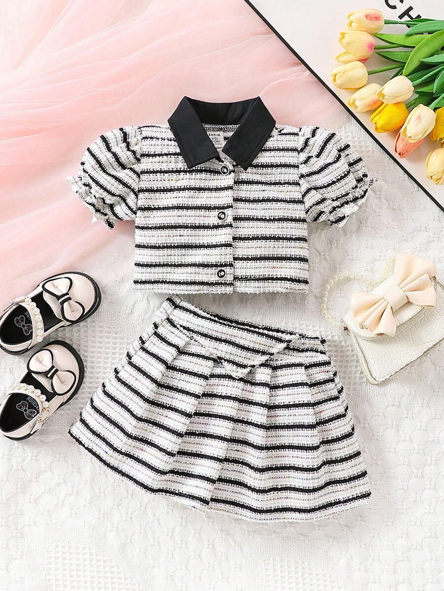 SHEIN 2pcs Baby Girl Elegant Textured Stripe Summer Outfit Set - Multicolor - View 1