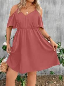 SHEIN LUNE Kích thước lớn Của phụ nữ Vai lạnh Eo đàn hồi Đầm - Bụi hồng - Xem 4