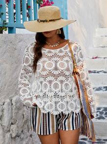 Breezaya Plus Size Women's Long Sleeve Lace Blouse - White - View 4