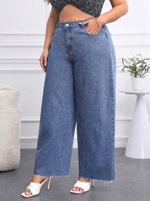 SHEIN Privé Plus Size Women's Jean Pants With Pockets - Medium Wash - View 5