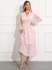 GENKIRA Women's Notched Neckline Long-Sleeve Dress - Pink - View 4