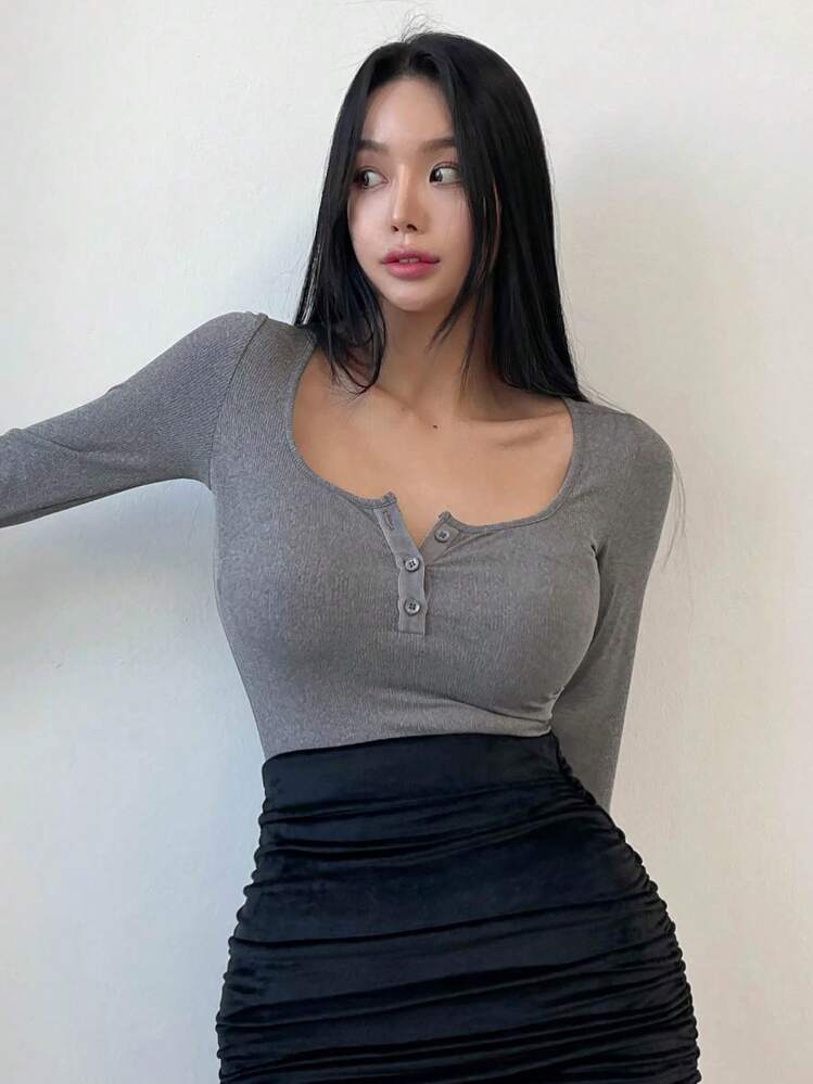 DAZY Button Front Half Placket Long Sleeve T-Shirt - Grey - View 3