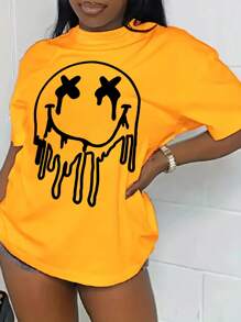 SHEIN 夏季大码女式印花短袖 T 恤，带笑脸图案 - 黃色 - 查看 1