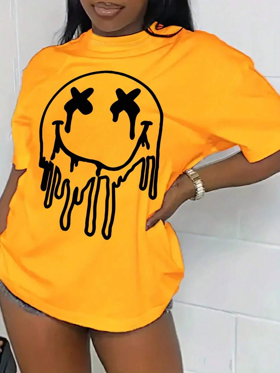 SHEIN 夏季大码女式印花短袖 T 恤，带笑脸图案 - 黃色 - 查看 1
