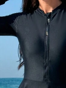 Swim Mulvari Summer Beach Women's Conservative Style Long Sleeve One-Piece Swimsuit With Ruffle HemArabic Clothing - Black - View 4