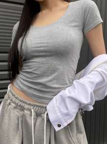 DAZY 女裝修身款圓領t恤 - 灰色 - 查看 3