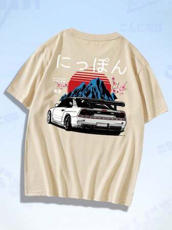 Men Cotton Car & Japanese Letter Graphic Tee