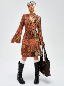 SHEIN ICON Vestido Impreso De Campana Con Manga Completa Y Atado Frontal Para Mujer - Multicolor - Ver 5