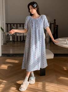 DAZY Women's Colorful Polka Dot Coral Fleece Puff Sleeve Sleep Dress Fall,Winter Pajama - Blue - View 3