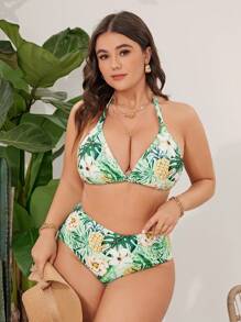 Swim Lushoire Plus Size Women's Tropical Plant Print Halter Neck Tie Bikini For Summer Beach Vacation
